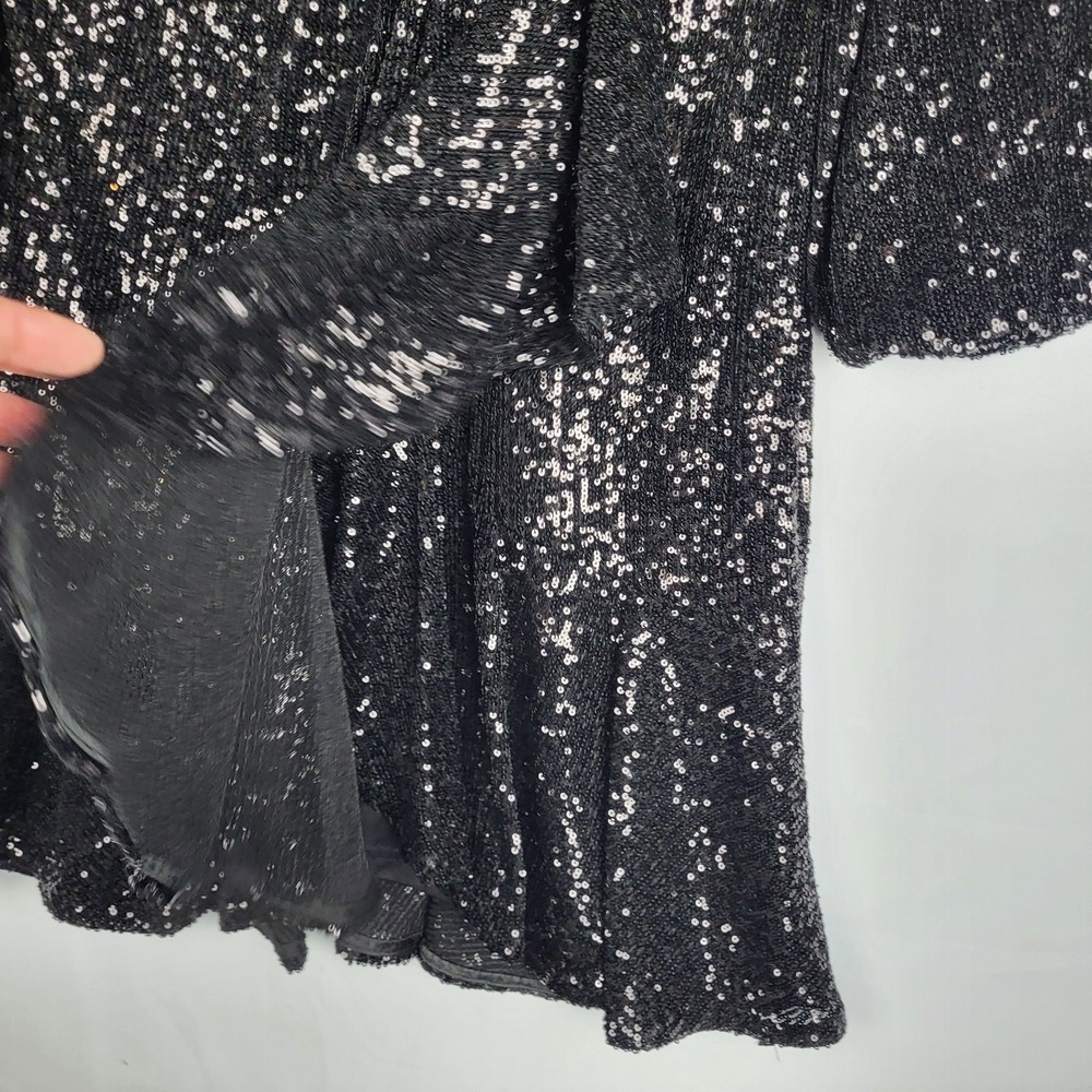 Eliza J Sequined Dress Women's 10 Black Faux Wrap Balloon Sleeves V Neck NWT - Picture 7 of 16